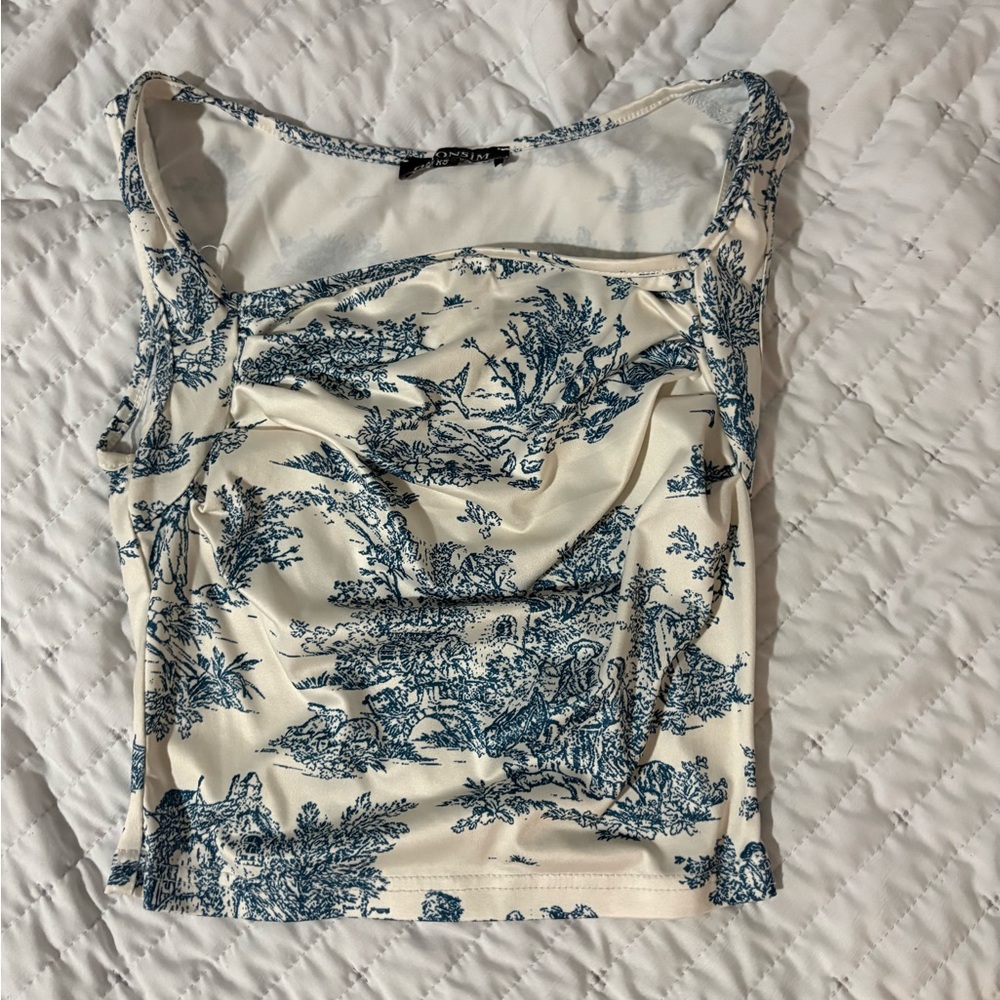 SHEIN Blue and Cream Patterned Crop Top